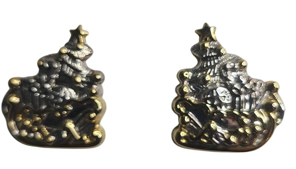 Vintage Best Christmas Santa Sleigh Silver & Gold Tone Stud Earrings 1 1/4" NOS